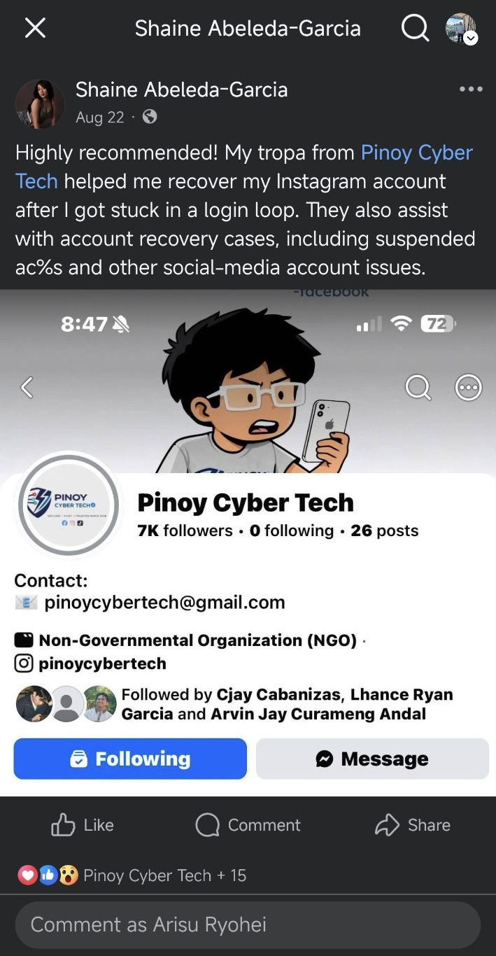 Reference testimonial screenshot mentioning Pinoy Cyber Tech, not Arisu Recovery Service
